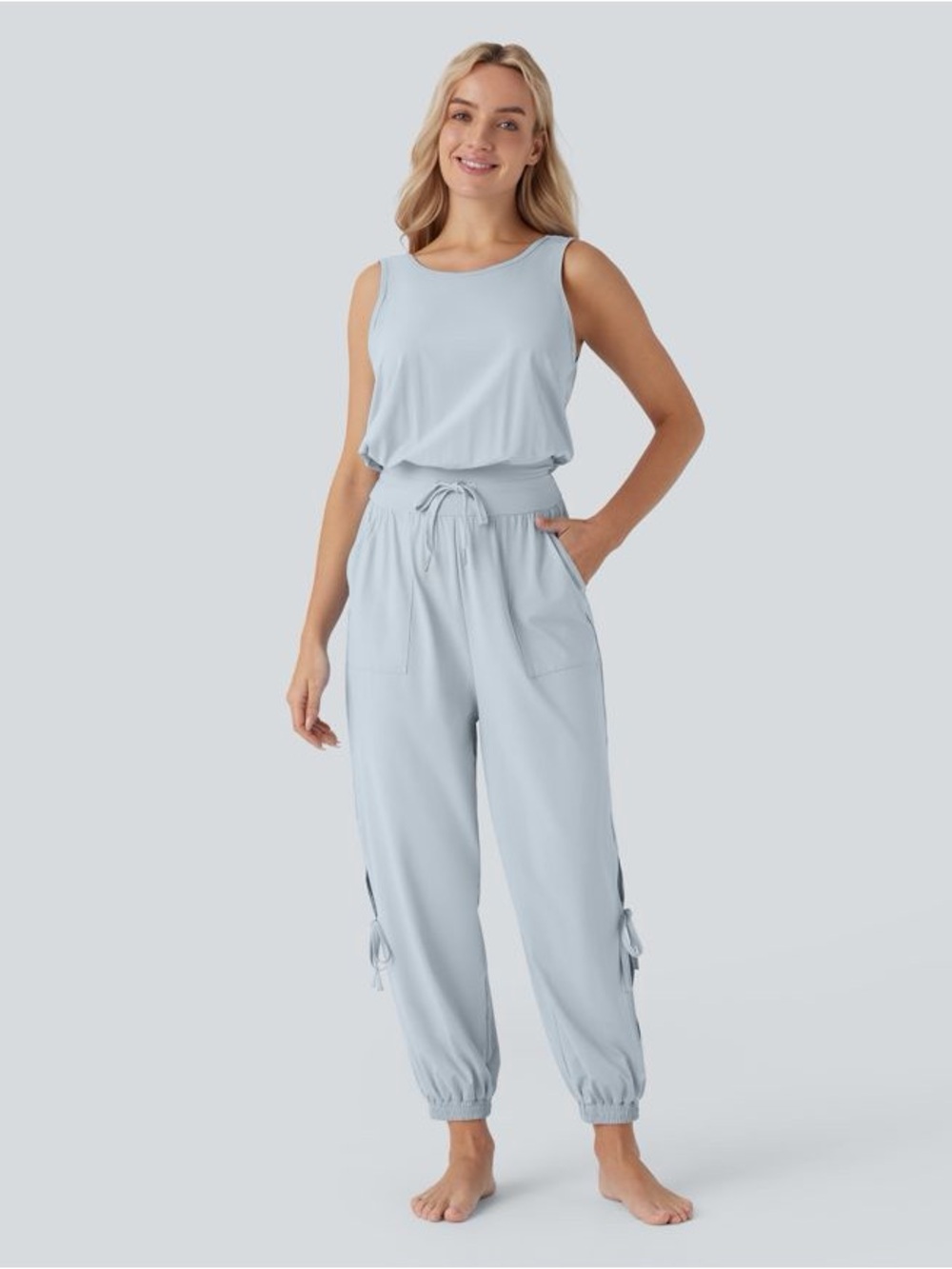 HALARA Light Blue Sleeveless Drawstring Jumpsuit